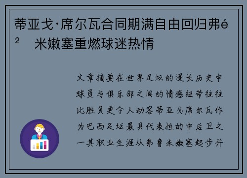 蒂亚戈·席尔瓦合同期满自由回归弗鲁米嫩塞重燃球迷热情